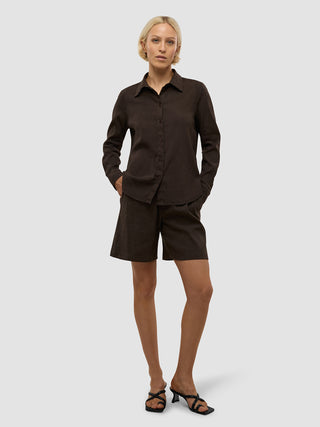 Linen Set Espresso Long Sleeved Shirt & Relaxed Shorts