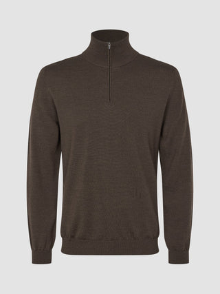 Seamless Premium Merino Knit Half Zip Saddle Brown
