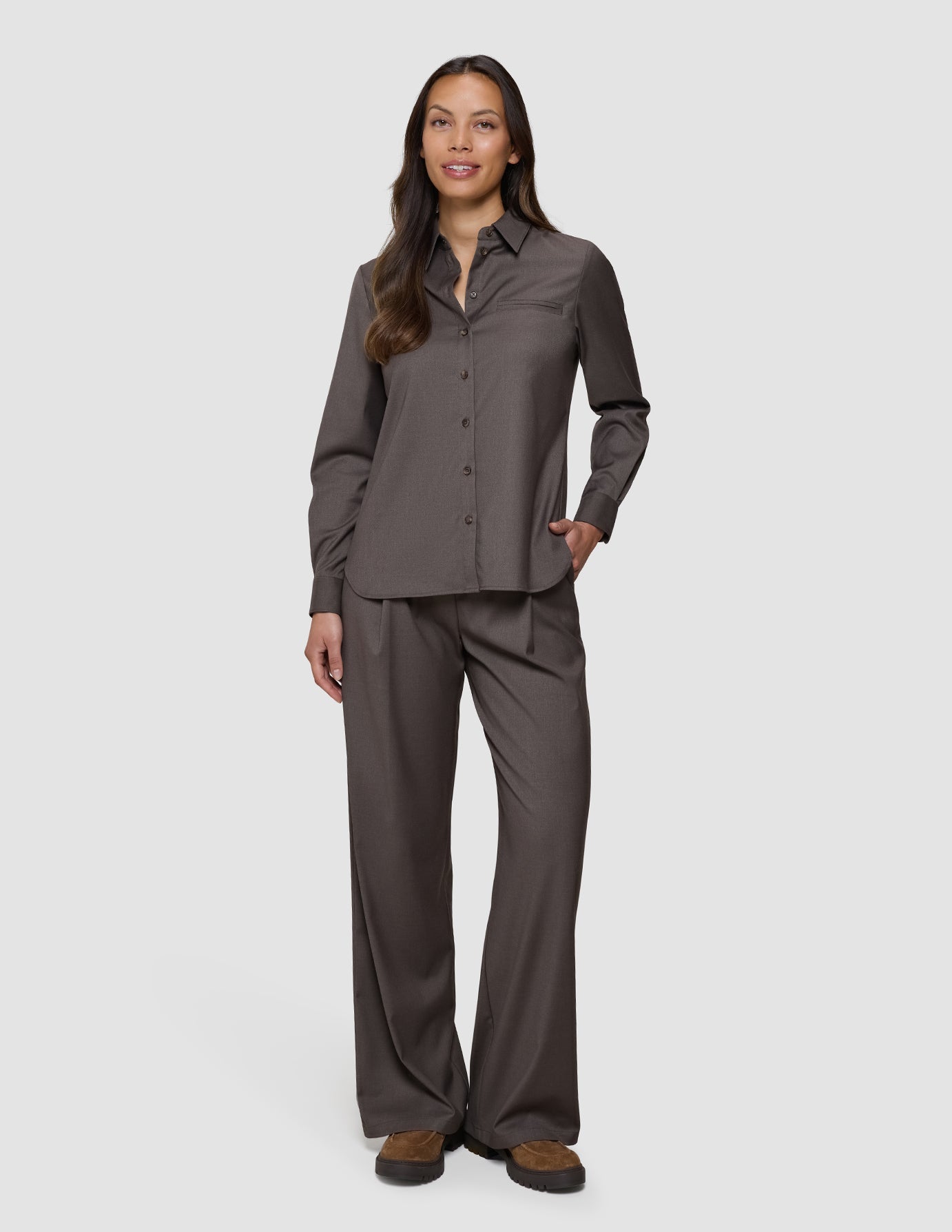 Skye Set Dark Chestnut Melange Shirt & Wide Pants