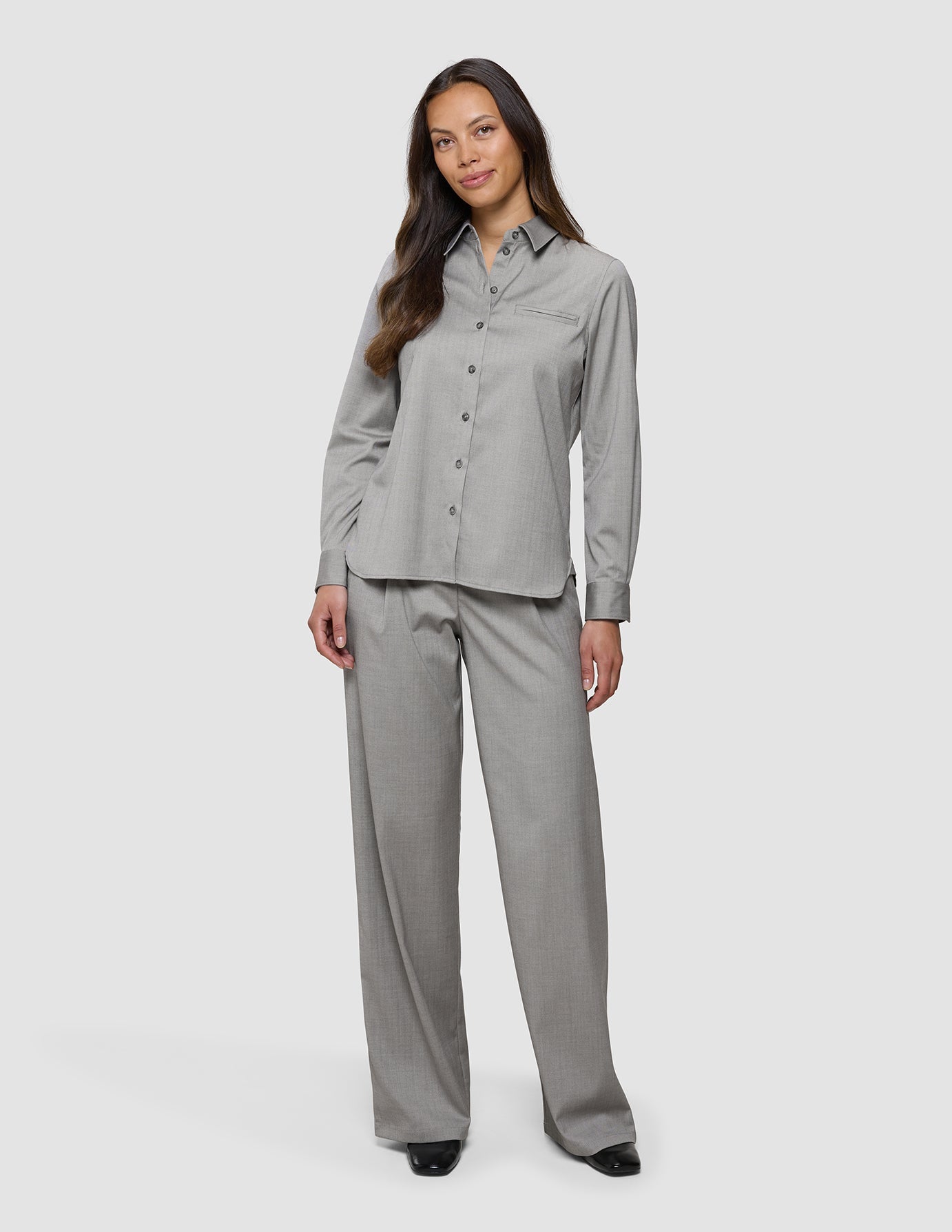 Skye Set Mellow Beige Herringbone Shirt & Wide Pants