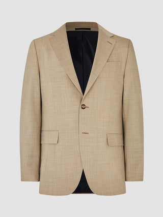 En beige Tech Wool-jakke med et række knapper i sandfarve og sort inderfor.