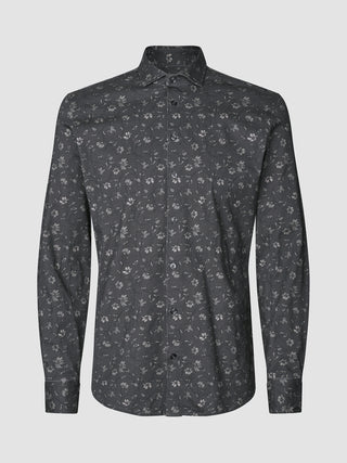 Classic Shirt Slim i Grey Floral, helfigur, frontalvisning af mørkegrå skjorte med blomsterprint og lange ærmer.