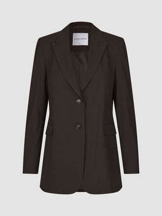 Women Ease Blazer Mocha Melange, en mørkebrun, elastisk blazer med én række knapper og to knapper i et klassisk dansk design.