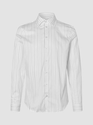 Elevated Shirt Slim – Langærmet, lysgrå, stribet skjorte med knapper i Pima-bomuld med tynde, lodrette grå striber.