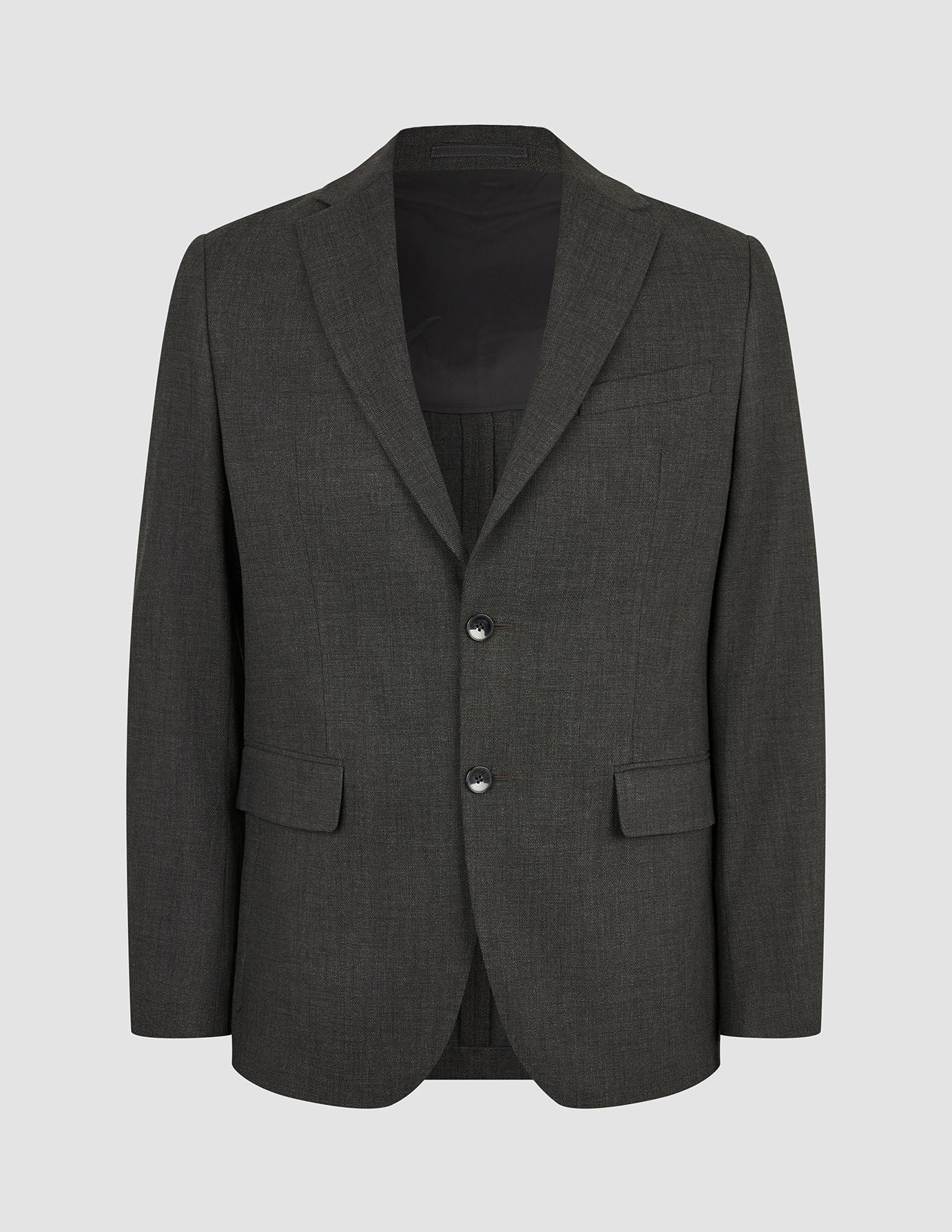 Motion Blazer Slim Pepper Grey i mørkegrå med to knapper, skrå revers, lommer med klap og 360°-stretch.