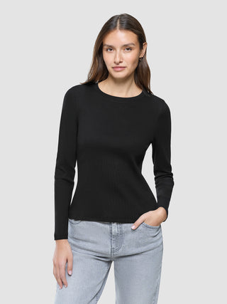Women Rib T-Shirt Long Sleeve Black