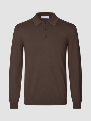 Seamless Core Knit Long Sleeve Polo Dark Brown