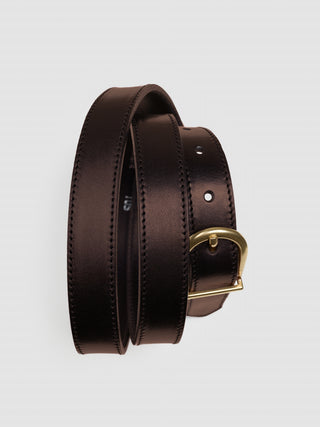 Women Thin Leather Belt Gold Dark Brown