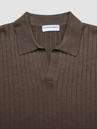 V-Neck Knit Short Sleeve Polo Dark Brown
