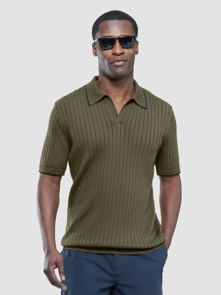 V-Neck Knit Short Sleeve Polo Green Night