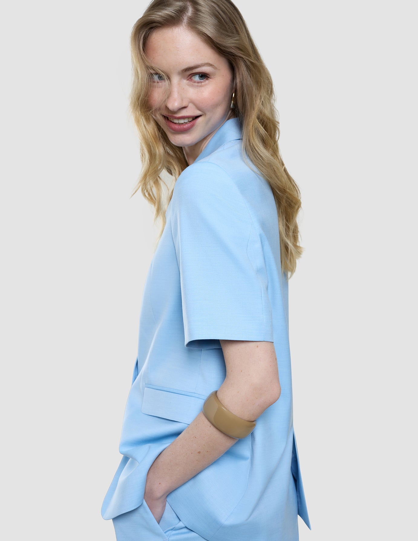 skye set blue haze short sleeved blazer shorts