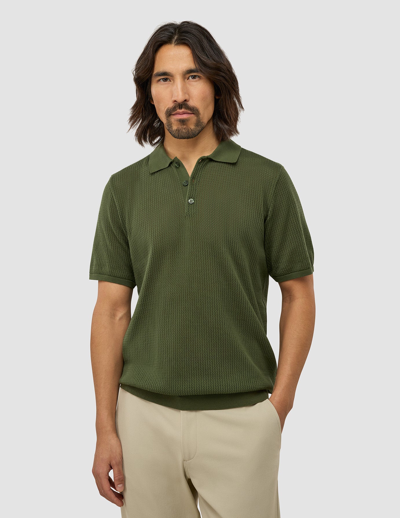 Textured Knitted Short Sleeve Polo Urban Green