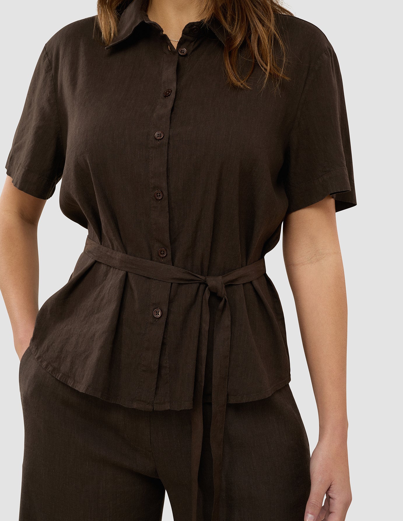 Women's Linen Shirt Short Sleeved Espresso