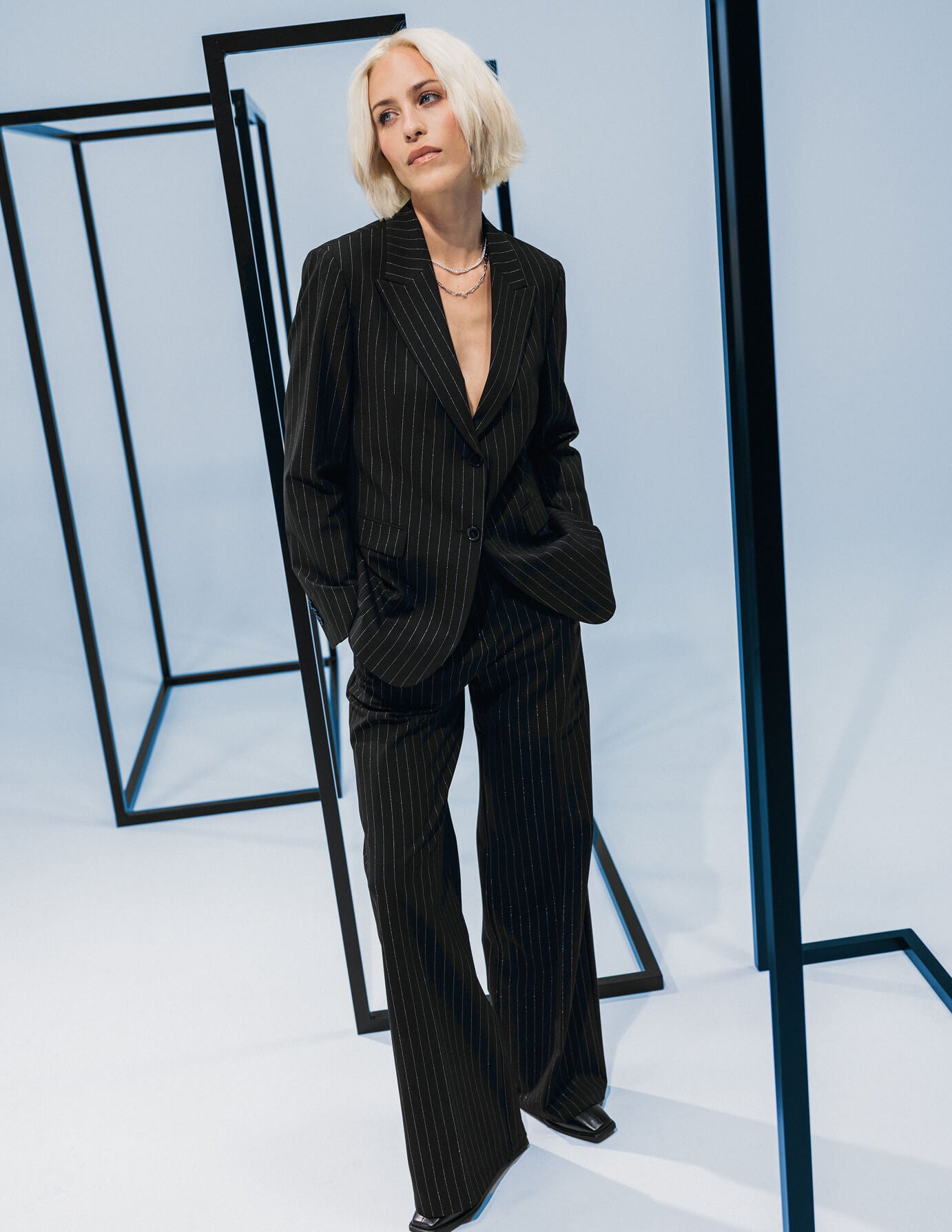Essential Pants Wide Black Silver Pinstripe