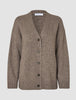 Chunky, blød uldstrikket cardigan til kvinder i taupe-melange: en chunky cardigan i taupe med V-udskæring, knapper og ribkant forneden.