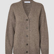 Chunky, blød uldstrikket cardigan til kvinder i taupe-melange: en chunky cardigan i taupe med V-udskæring, knapper og ribkant forneden.