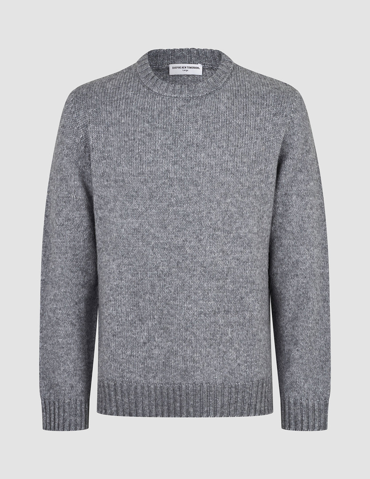 Tykt, blødt uldstrikket sweater med rund hals i farven Glacier Grey, med grov struktur og ribkant ved ærmerne og forneden.
