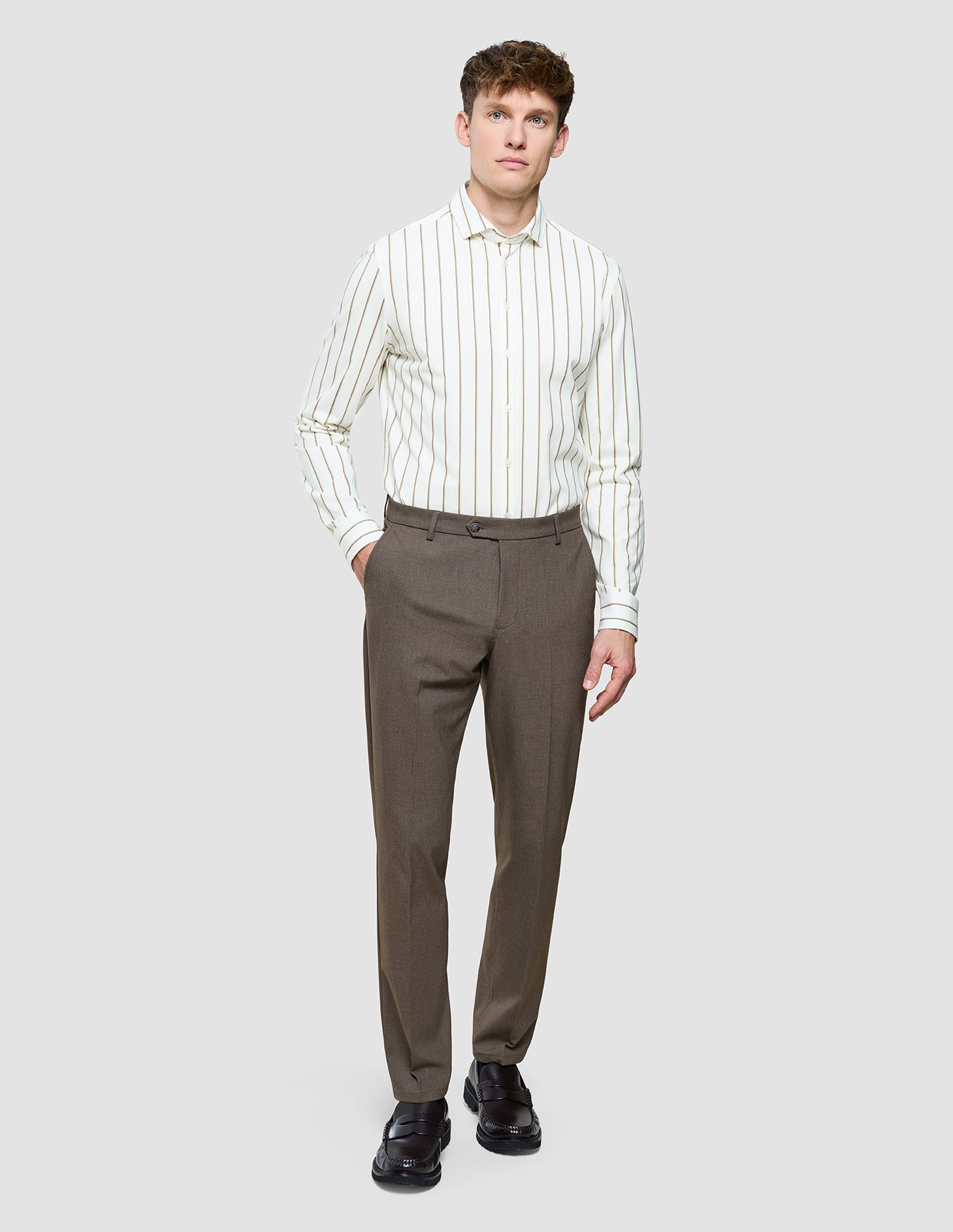Classic Shirt Sand Herringbone Stripes Slim