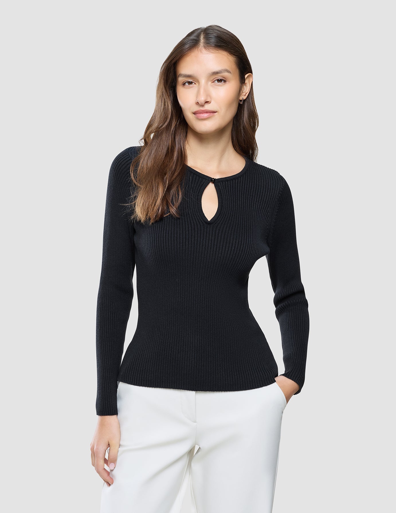 Women Fine Knit Rib Long Sleeve Black