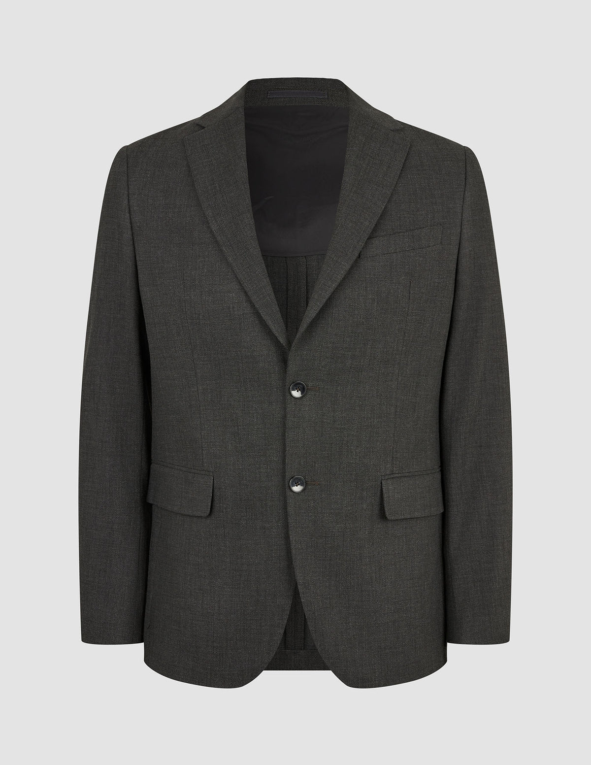Motion Blazer Slim Pepper Grey i mørkegrå med to knapper, skrå revers, lommer med klap og 360°-stretch.