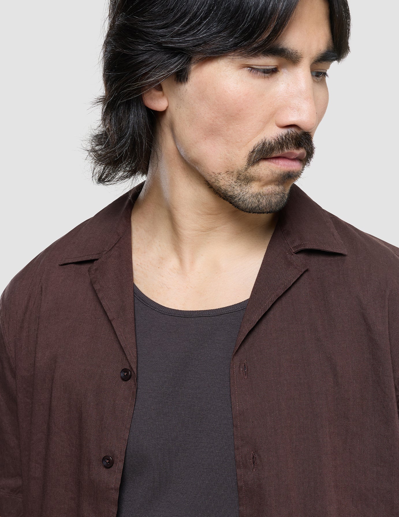 Refined Linen Bowling Short Sleeve Shirt Dark Brown