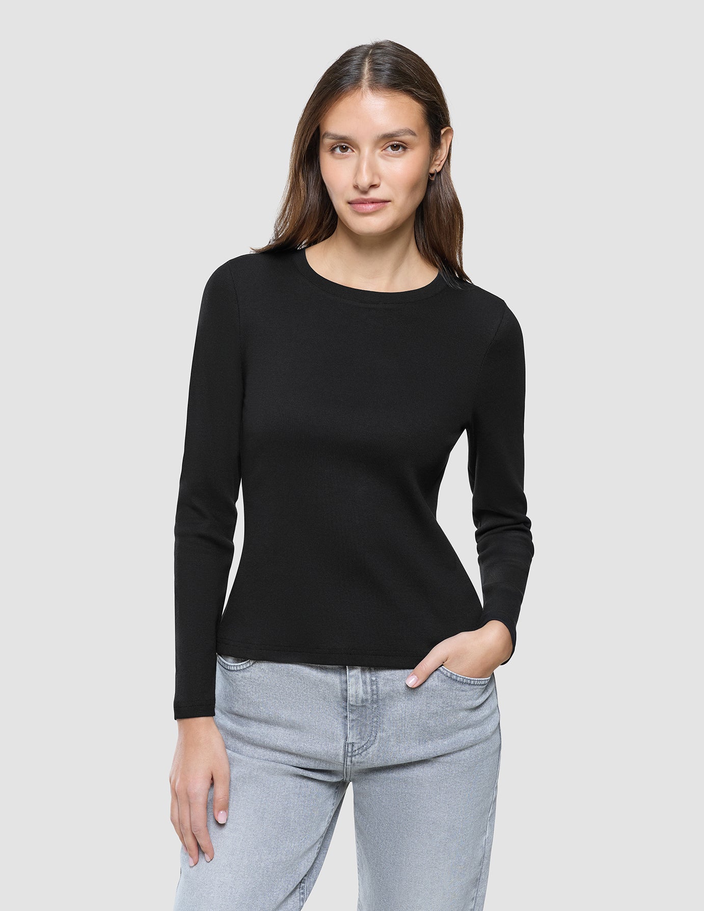 Women Rib T-Shirt Long Sleeve Black