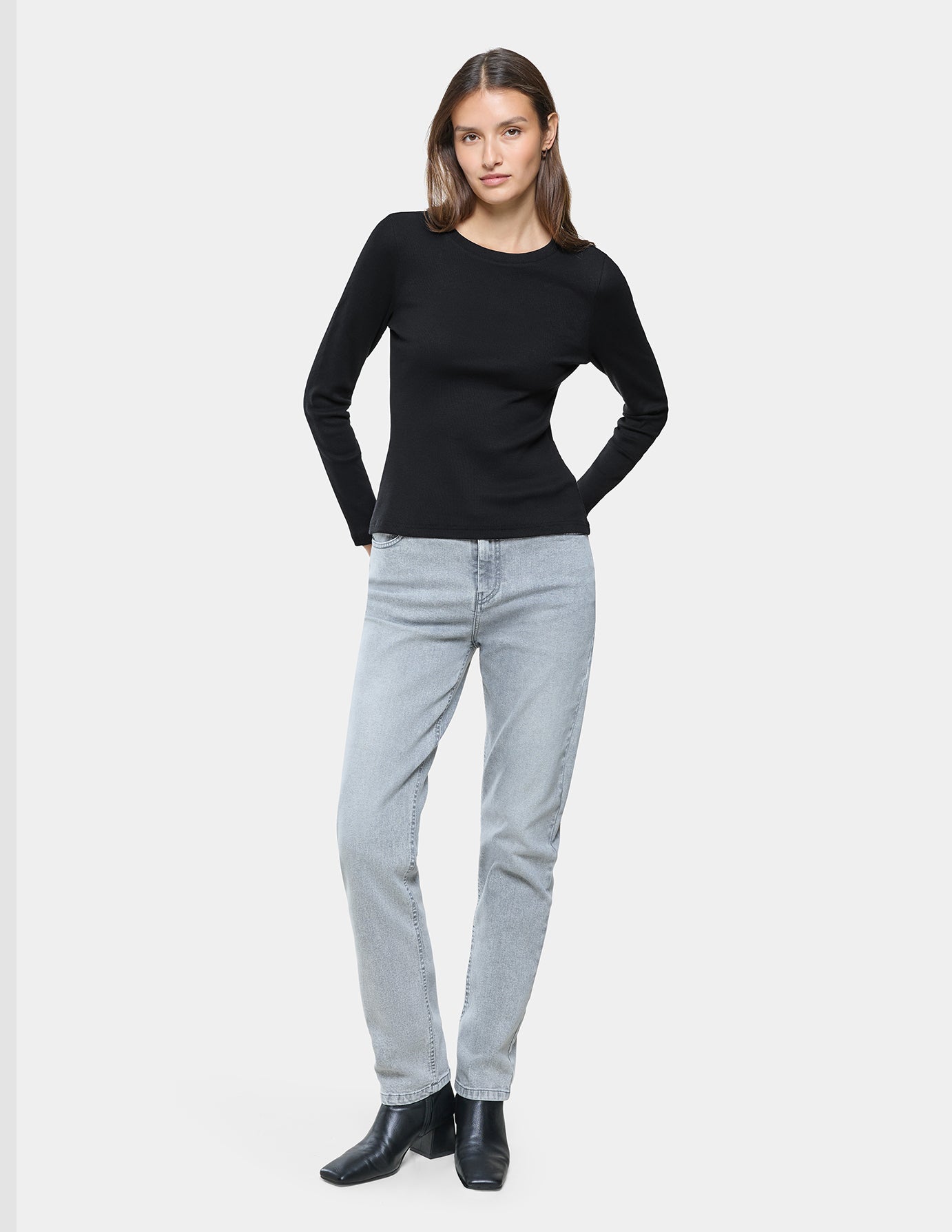 Women Rib T-Shirt Long Sleeve Black