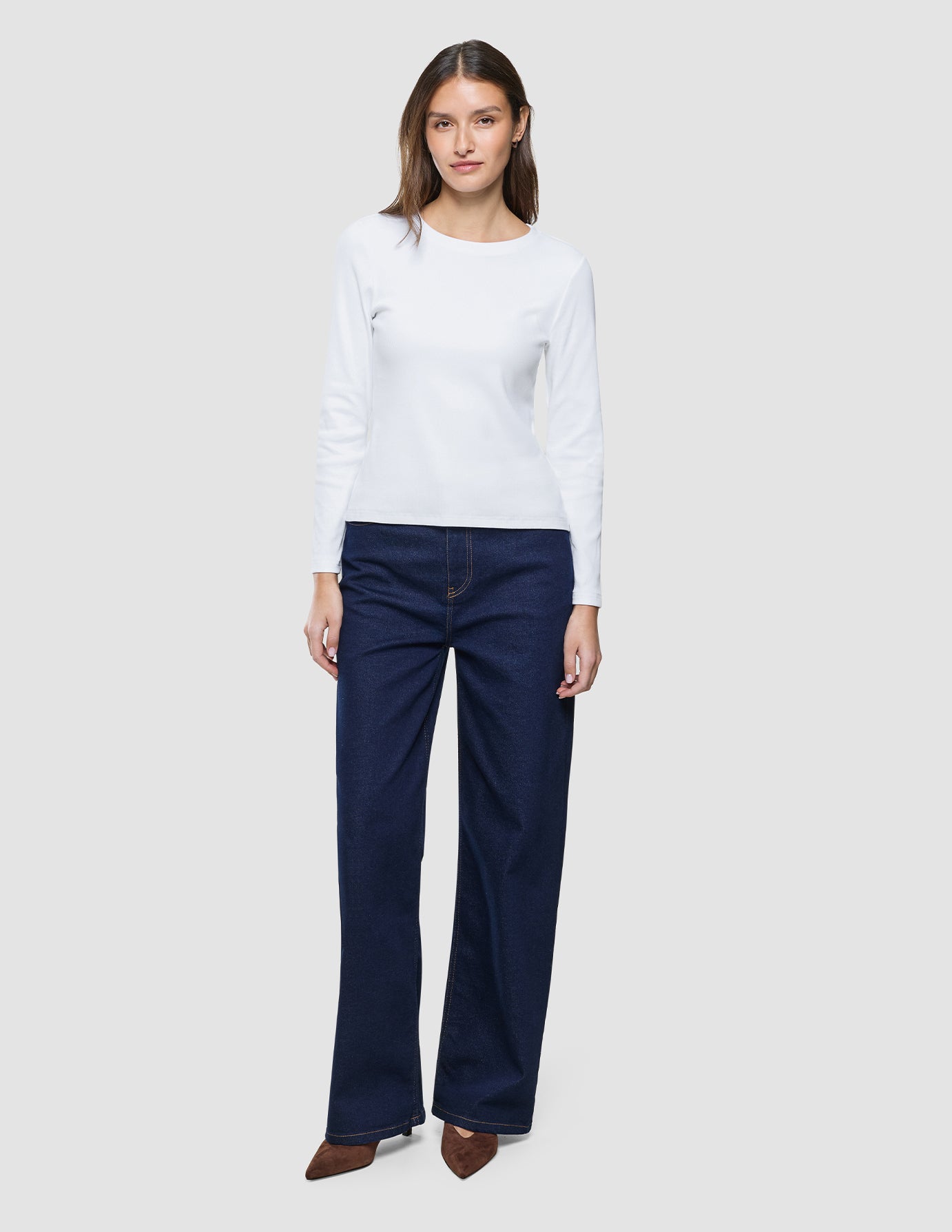 Women Rib T-Shirt Long Sleeve White