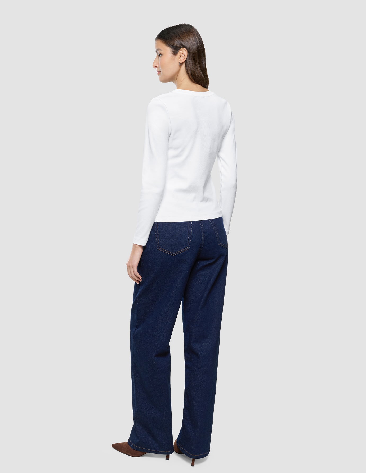Women Rib T-Shirt Long Sleeve White