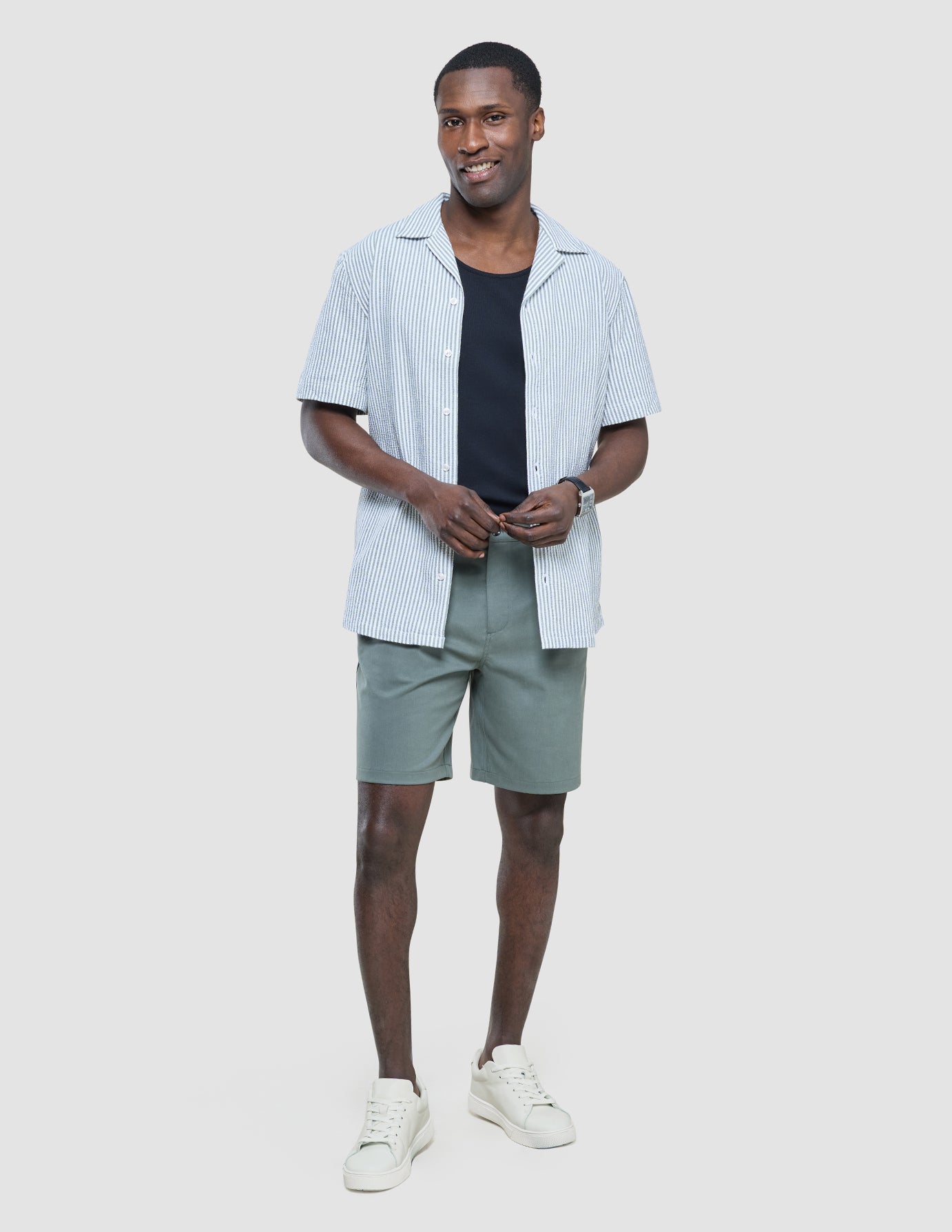 Seersucker Short Sleeve Shirt Green Stripes