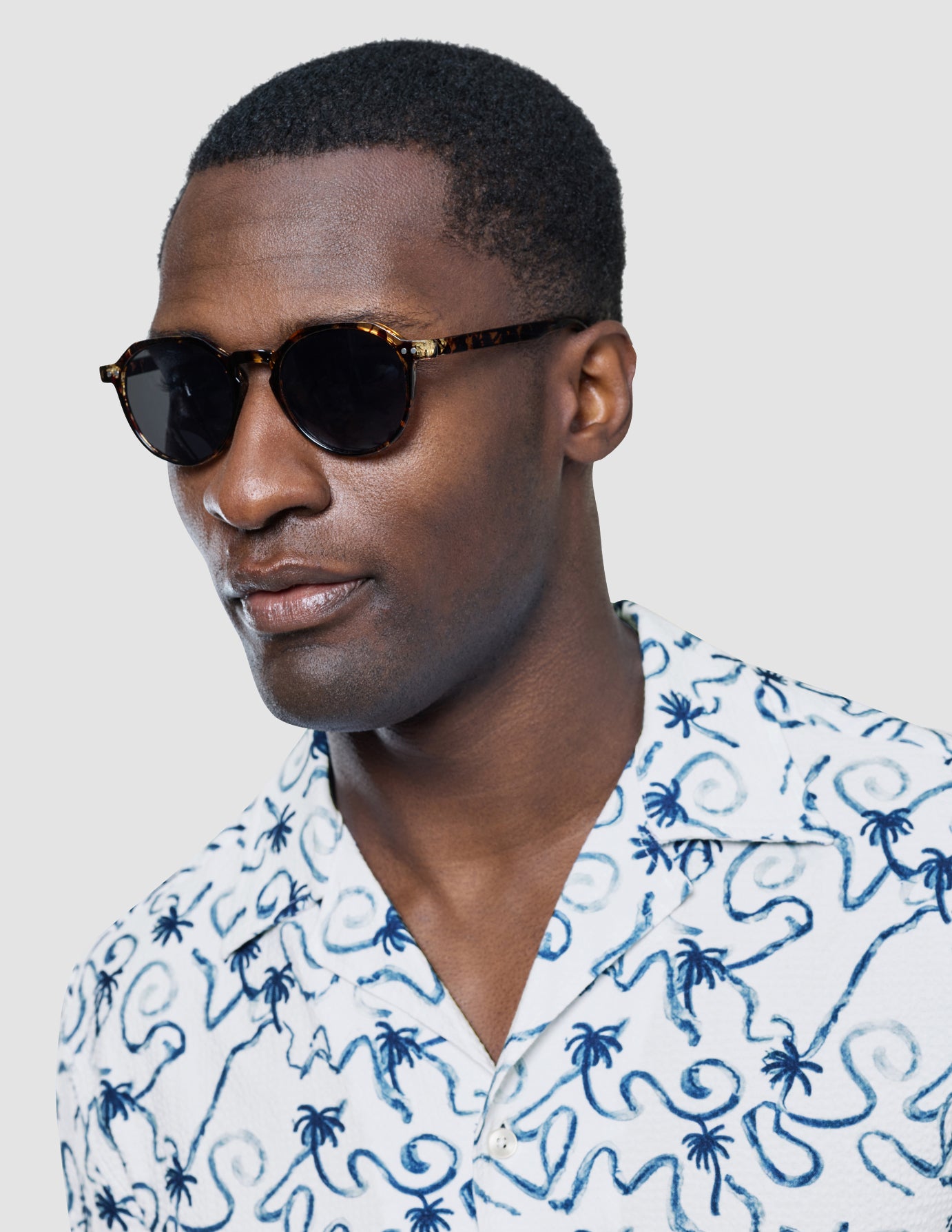 Seersucker Short Sleeve Shirt Navy Palms