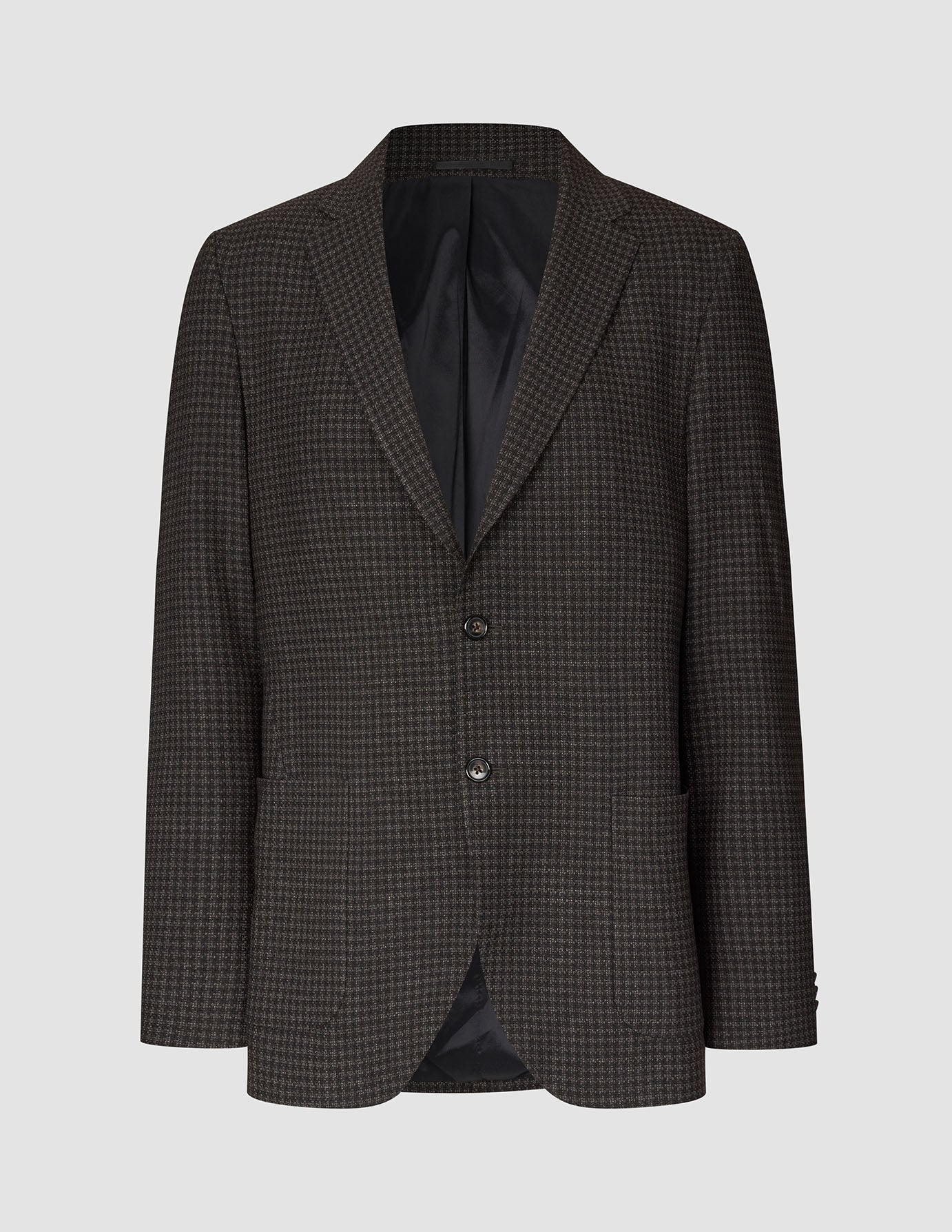 Tidløs uldblazer i slim fit med mørkebrunt ternet mønster i en uldblanding med to knapper foran.