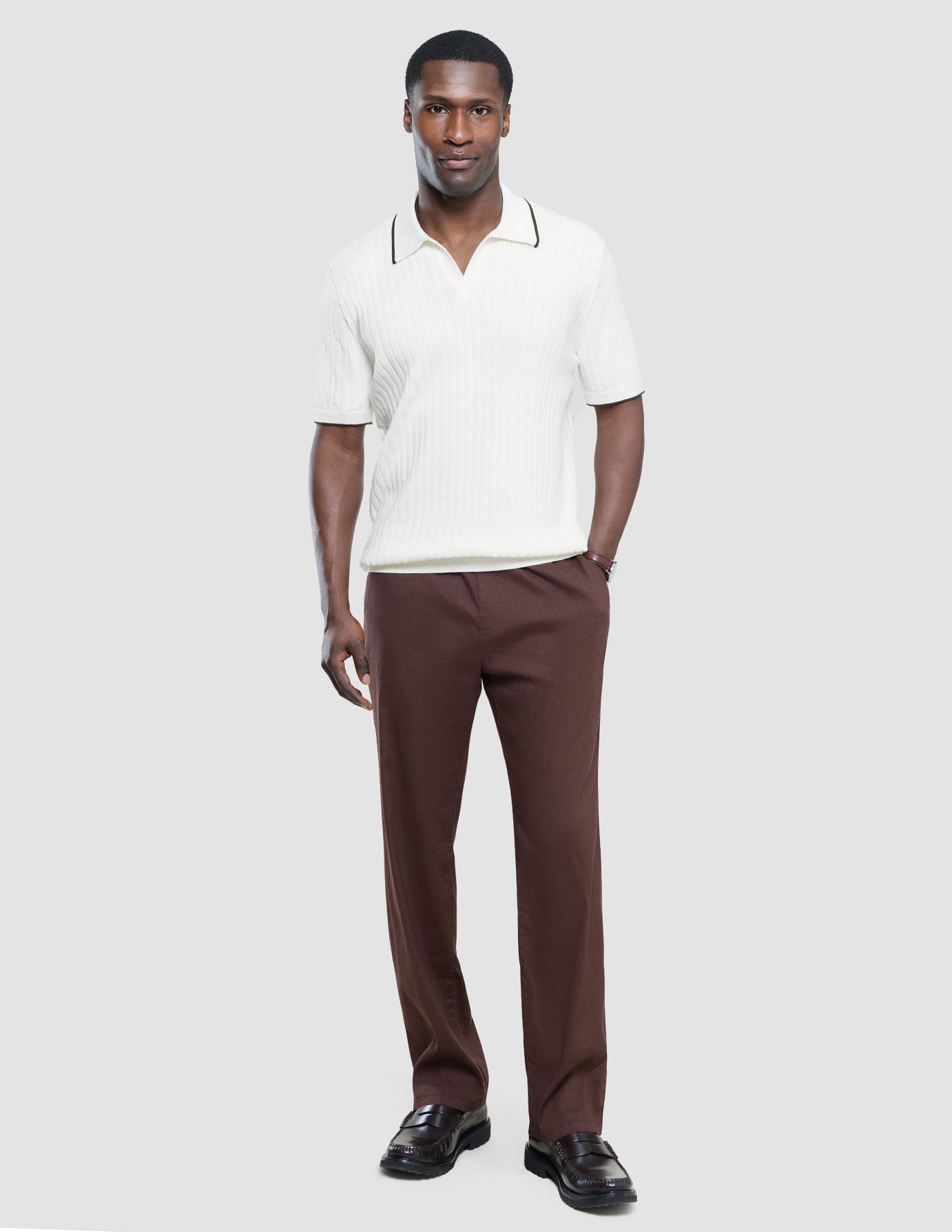 V-Neck Knit Short Sleeve Polo White