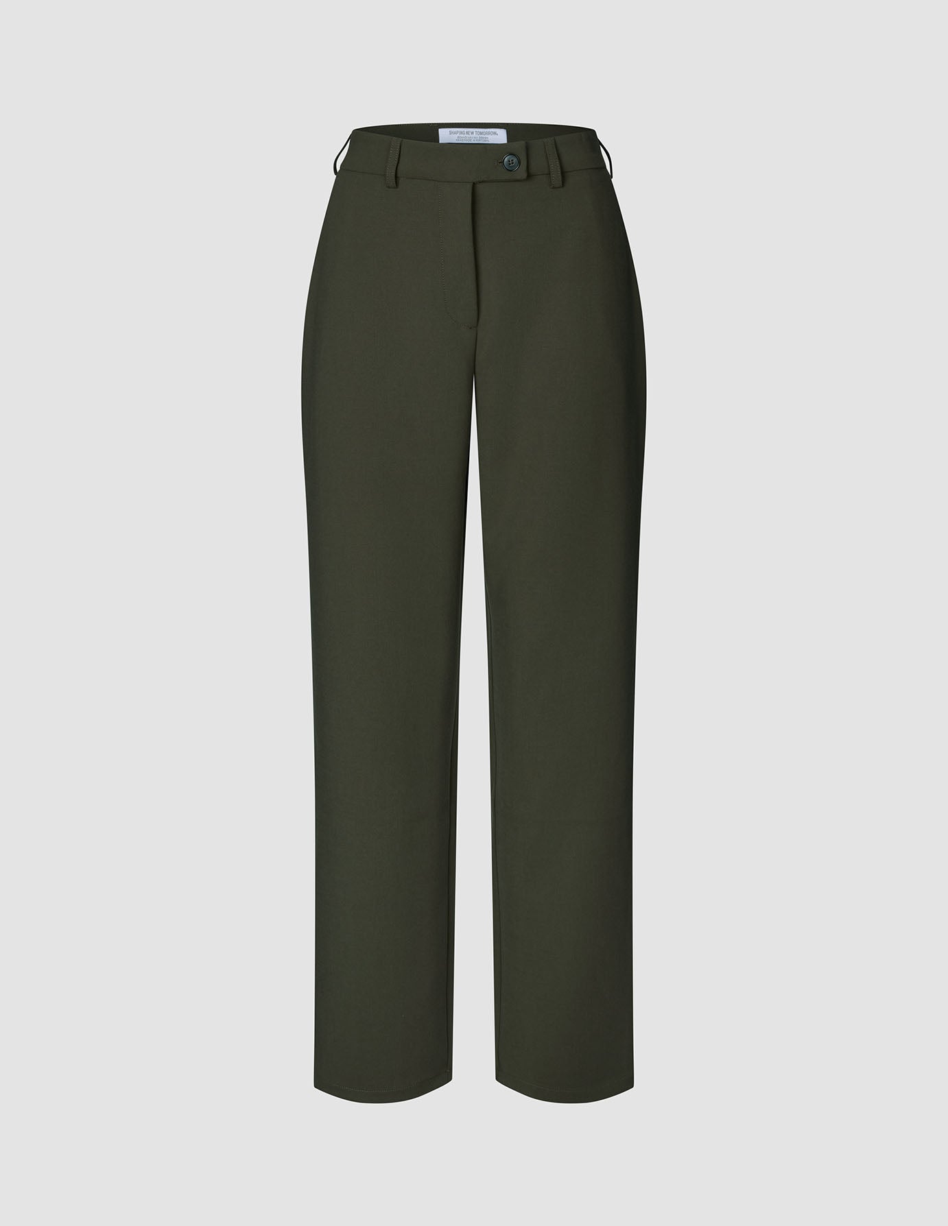 GO2-bukser til kvinder, Straight Dusty Olive – et olivengrønt design med høj talje og lige ben, knaplukning og bæltestropper.