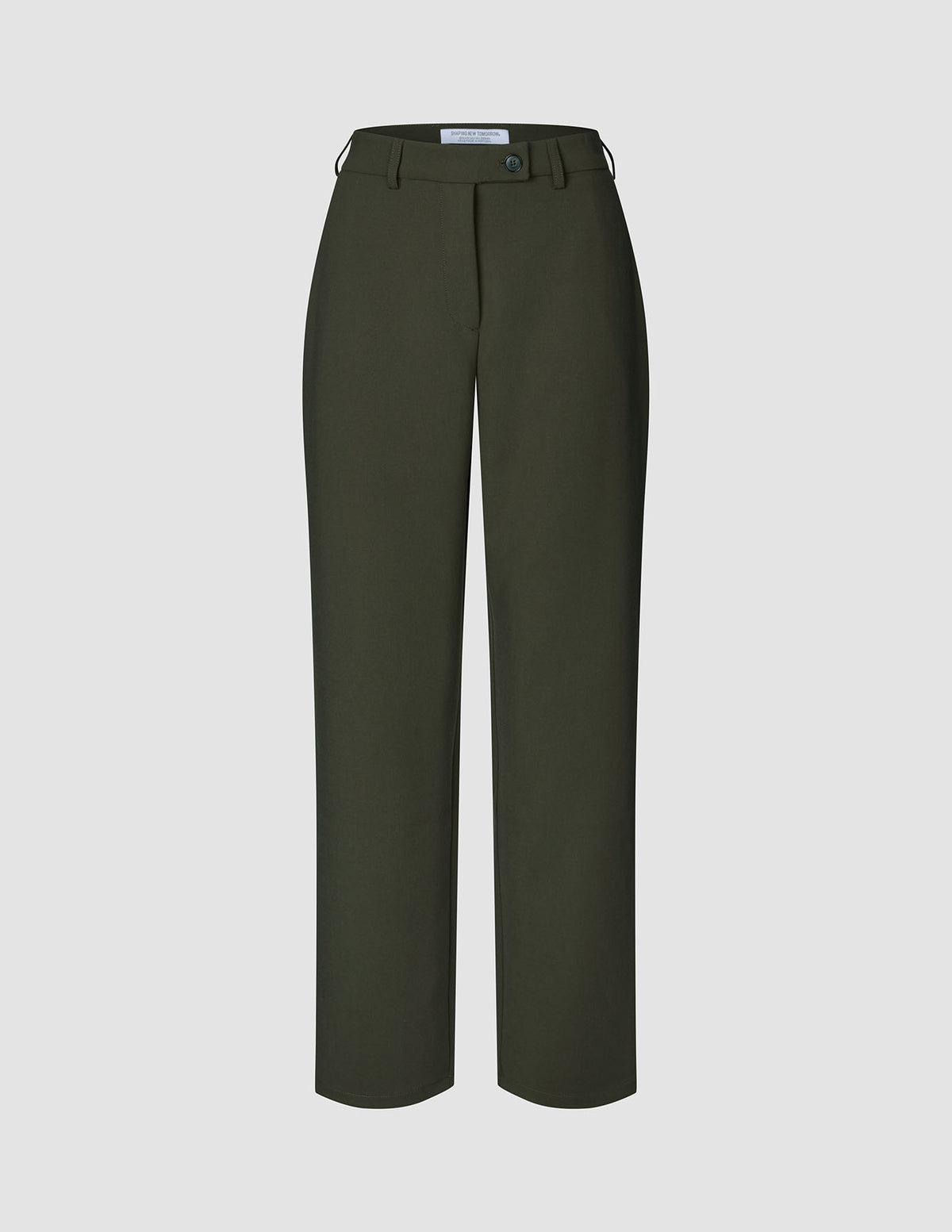 GO2-bukser til kvinder, Straight Dusty Olive – et olivengrønt design med høj talje og lige ben, knaplukning og bæltestropper.